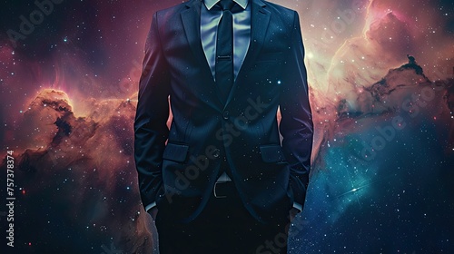 A business suit tailored from the fabric of space signifying a universal leader