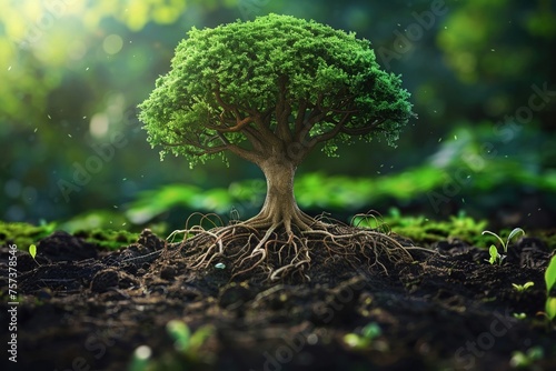3D depiction of a giant tree with roots spreading across the globe