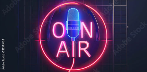 Neon sign "ON AIR" with microphone, banner design for podcast show studio or radio station