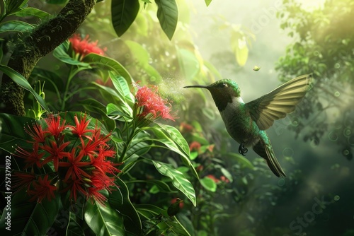 A charming hummingbird sipping nectar from exotic flowers in a lush rainforest