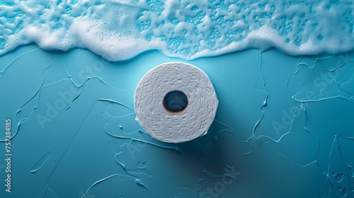 A roll of toilet paper is shown on a blue background in the top view