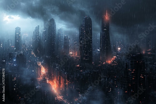 Apocalypse city dark. Street war smoke. Generate Ai