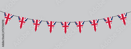 Coronation, bunting garland with british pennants, string of triangular flags, vector decorative element