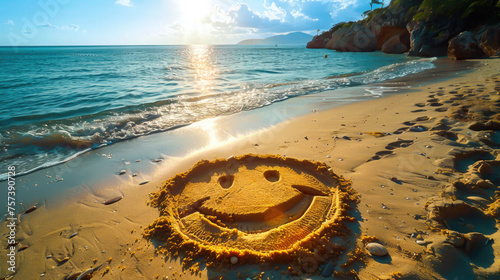 Aerial view of beach shore with happy smiley face draw in the sand in summer. Summer holidays concept