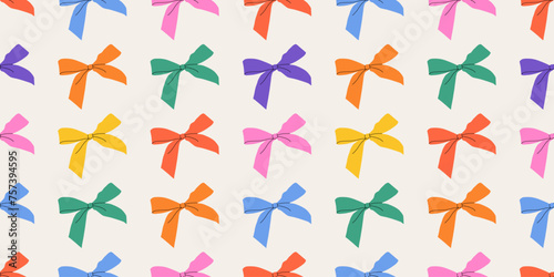 Contemporary colorful bow knots. Hand-drawn groovy vector illustration. Simple and childish with a bow pattern. Playful and whimsical design. Trendy hair braiding accessory. Wrapping paper.
