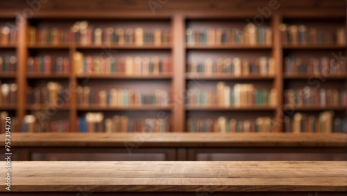 Empty wooden table for product display with blurry library background