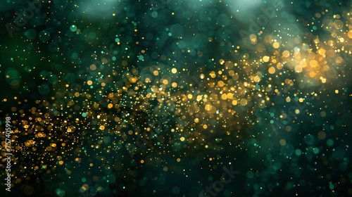 Abstract gold and green glitter lights background. Circle blurred bokeh. Festive backdrop for Christmas, St Patrick Day, party, holiday or birthday with copy space
