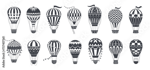 Hot air balloons. Vintage flying aircrafts silhouettes, hot air balloons flat vector illustration set. Retro transportation silhouettes on white
