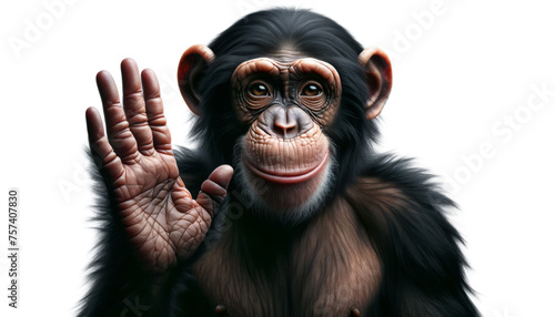 Monkey showing Salute Hand gesture. give me five. Chimpance hand in waving gesture, saying hello. Front view of the face and palm. Isolated.