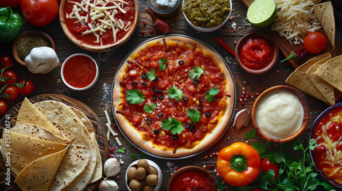 Overhead shot of Italian food spread with tacos, pizzas, and a variety of sauces and fresh ingredients