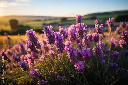 Field of purple lavender flowers with sunset in the background