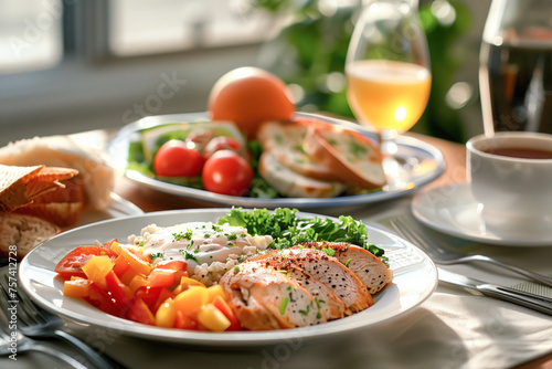 Sunlit salmon meal with fresh sides