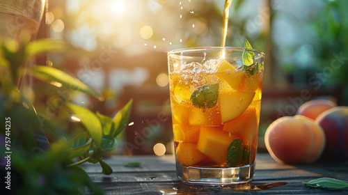 Pouring cold peach tea into glass with ice, capturing the golden sunlight and the essence of summer refreshment