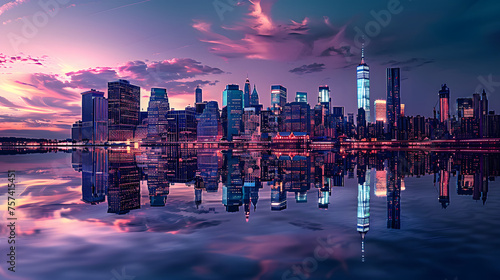 Urban Panorama at Twilight with Illuminated Skyscrapers