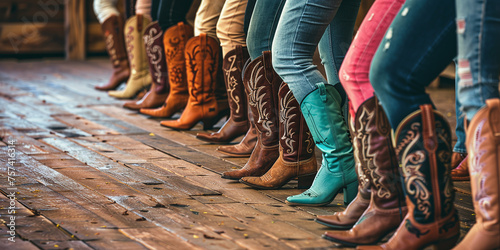 Women in cowboy boots dancing on the wooden floor