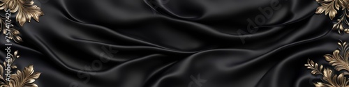 Black panoramic silk fabric background with blurred satin wavy texture, embellished with gold embroidery.