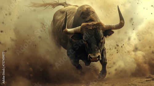 Bull running through the dust in a bullfight