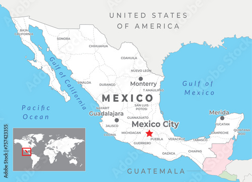 Mexico Political Map with capital Mexico City, most important cities and national borders