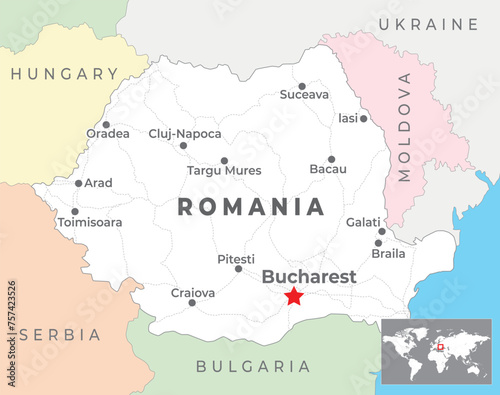 Romania map with capital Bucharest, most important cities and national borders