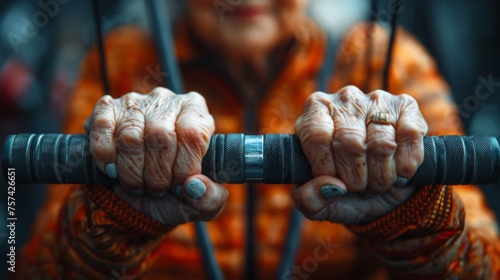 A close-up of a senior woman's hands gripping the handles of a weight machine, her focus palpable. Dressed in sportswear that defies her age, she performs each repetition with precision
