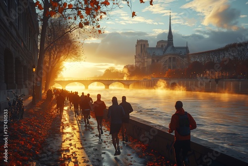 Magical sunset over a Paris riverside pathway with silhouettes of people and Notre-Dame Cathedral in view