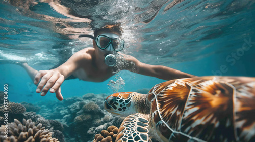 Young man snorkeling with sea turtle underwater in the ocean. Snorkeling concept 