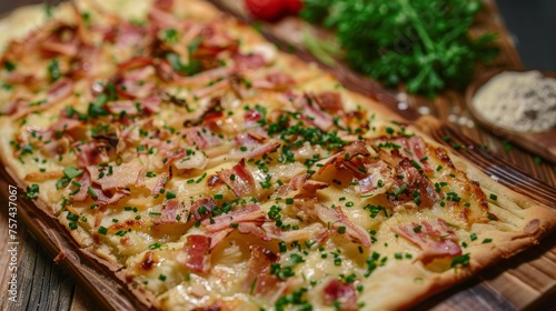 Flammkuchen aus dem Elsass: Ein dünner Teigboden, belegt mit Zwiebeln, Speck und Schmand