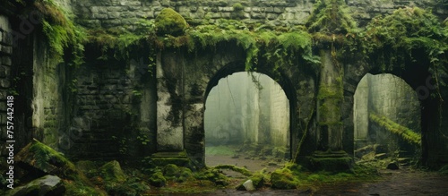 An ancient building with mosscovered arches blending into the natural landscape, surrounded by lush greenery and terrestrial plants resembling a jungle