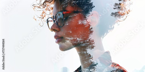 A woman with curly hair and glasses is the main focus of the image