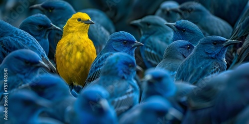 A single yellow bird among a flock of blue birds.