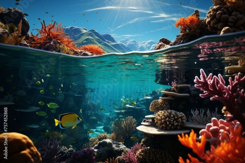 Vibrant coral reef teeming with fish, with majestic mountains in background