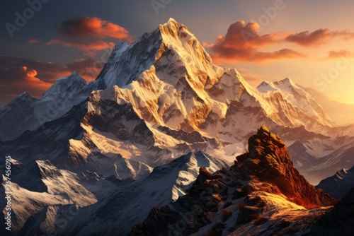 A serene natural landscape with a snowy mountain at sunset