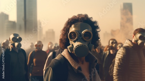 Big cities covered in toxic fumes People wearing masks Depicts the problem of air pollution