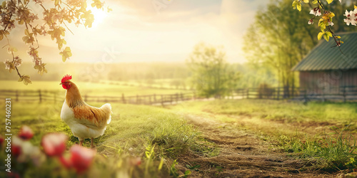 Farm and agriculture creative background. Rural landscape, beautiful hen and eggs. Sustainable chicken farming.