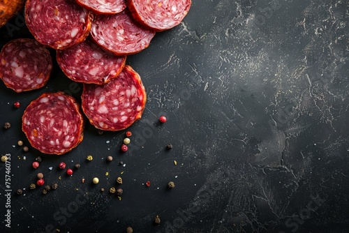 A close-up view of a pile of sliced sausage next to a pile of pepperoni on a black background