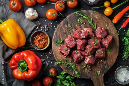 Fresh ingredients for beef casserole or goulash arranged on a wooden cutting board, including meat and assorted vegetables