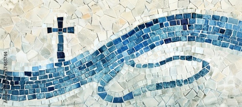 A mosaic of blue and white tiles The cross is placed at one end to symbolize life in Jesus' name Generative AI