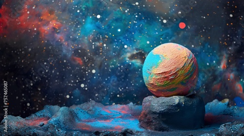 Graphic art of a vibrant handmade paper mache planet on a styrofoam base. Beautiful planet with a background of stars and galaxies in a playful essence.