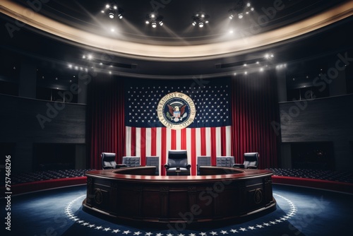 Presidents desk - oval office interior with american flags and official documents