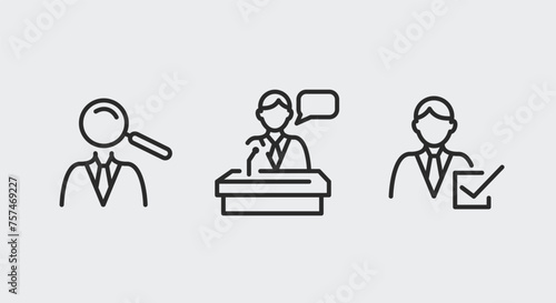 3 black line icons representing three people as election candidates for promotional materials, SMM. The pictograms include electing a candidate, campaigning and voting. Vector Illustration. 