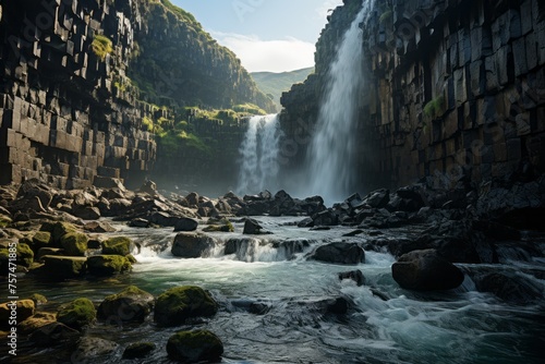 a waterfall is surrounded by rocks and a river in the middle of a canyon
