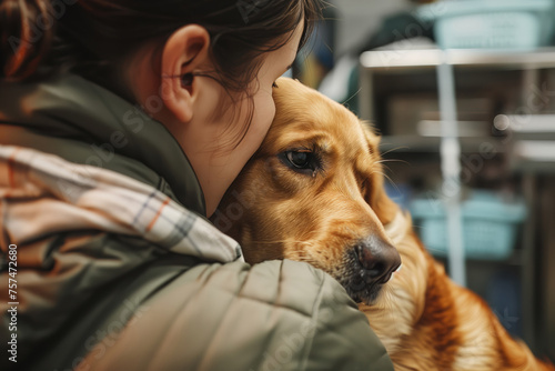 Dog owner says the final goodbye to beloved pet at the vet clinic.