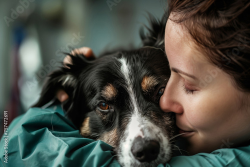 Dog owner says the final goodbye to beloved pet at the vet clinic.