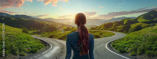 a woman in front of two roads