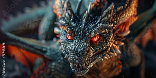 Close up of a detailed dragon model with glowing eyes