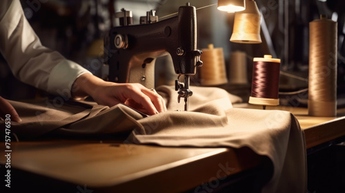 Seamstress works in a garment industry textile factory, sewing clothes