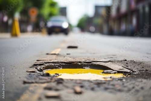 Repairing potholes on a crumbling asphalt road, maintenance and restoration of damaged pavement