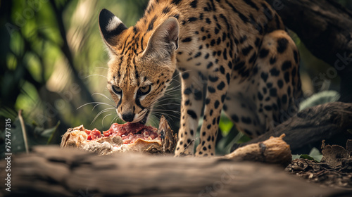 Serval comendo carne na natureza - Papel de parede