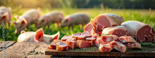 meat and lard on a wooden table on the background of a farm with a pig