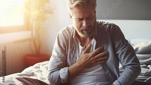 A man with heart pain in his chest, keeps his hands on his chest